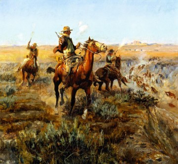 チャールズ・マリオン・ラッセル Painting - 休憩所から牛を吸う様子 1912年 チャールズ・マリオン・ラッセル